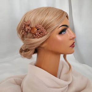 Topaz Color Seashell Bow Beaded Wedding Hair Comb, Handmade Floral Brown Beaded Bow Bridal Headpiece, Unique Flower Side Hair Comb