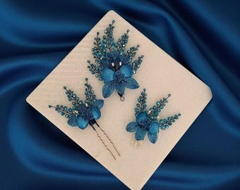 Blue Seashell Crystal Wedding Hair Accessory Set: Floral Side Headpiece, Hair Comb and Pin