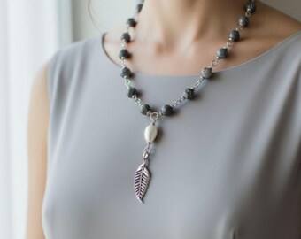 Gray Jasper Beaded Necklace and Earrings: Silver Plated Brass Jewelry Set