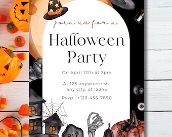 Invitación editable para fiesta de Halloween, plantilla editable de arco espeluznante, invitación de casa embrujada y sombrero de bruja, fiesta de disfraces infantil, descarga instantánea