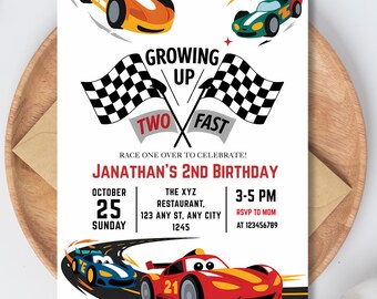 Invitación editable "Creciendo a toda velocidad", Invitación para fiesta temática de carreras, Invitación para cumpleaños infantil con temática de coches de carreras, Invitación de cumpleaños "Dos rápidos" - PM0053
