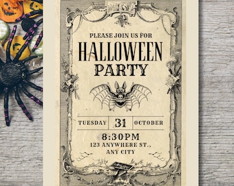 Invitación editable para fiesta de Halloween vintage, plantilla de murciélago gótico, fiesta victoriana espeluznante, temática de Dark Academia, descarga instantánea