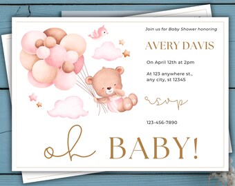 Teddy bear baby shower invitation template, we can bearly wait baby shower invite, bear with balloons baby shower download, Gender neutral