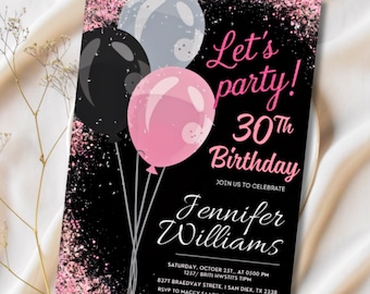 Invitación de cumpleaños con globos rosas brillantes, en negro y rosa (descarga digital)