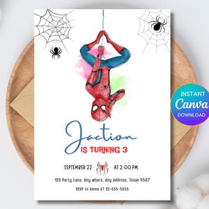 May include: A white invitation card featuring a watercolor illustration of Spider-Man hanging upside down. The card includes the text "Jaction is turning 3" and event details. Decorative spiderwebs and a circular "Instant Canva Download" badge are also present.
