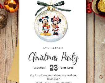 Invitación navideña editable de Mickey y Minnie Mouse, invitación para fiesta de cumpleaños de invierno, fiesta de Navidad, Disney Christmas - PM0085
