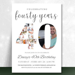 以下が含まれることがあります： 「Celebrating fourty years」の文字が上部に書かれた白い誕生日招待状。数字の「40」が中心で、「4」は赤ちゃんの写真で、「0」は男性の写真で埋められています。このカードはデイジーの40歳の誕生日用です。