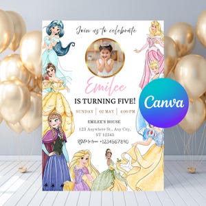 Watercolor Princess Birthday Invitation Canva, Princess Invitation Template, Princess Invitation Card, Princess Party Invitations with Image