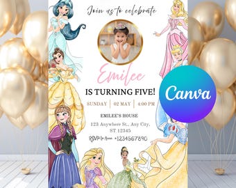 Editable Princess Birthday Invitation, Princess Invitation Template, Princess Party Invitations with Image, Instant Download - PM0005