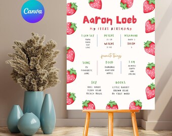 Berry First Birthday Milestone Sign Template, Strawberry Birthday Sign, Instant Download - PM0158