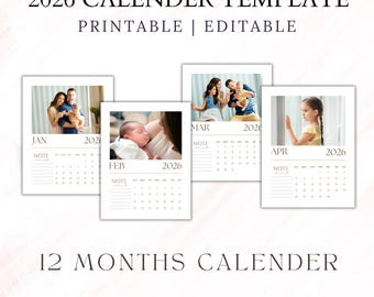 Editable 2026 Photo Calendar with Notes, Canva Template, 12 Month Printable Monthly Planner - PANDA0127