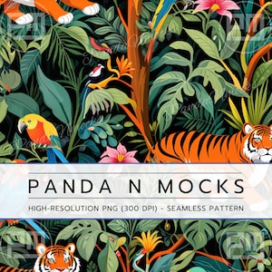Può includere: Motivo senza cuciture con una vivace scena della giungla con tigri, pappagalli e un fogliame lussureggiante. Il design presenta tigri arancioni, uccelli colorati e varie piante tropicali su sfondo nero. Il testo "Panda N Mocks" è visibile.