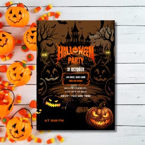 May include: A Halloween party invitation with a spooky design. The invitation features a haunted house, jack-o'-lanterns, and the text "Halloween Party" with the date, time, and RSVP information. Orange and black candy corn and pumpkin buckets surround the invitation.