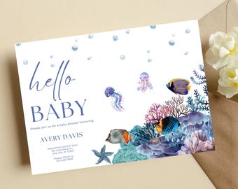 Under the Sea Baby Shower Invitation, Editable Watercolor Ocean Template, Hello Baby, Gender Neutral Coral Reef Invite, Instant Download