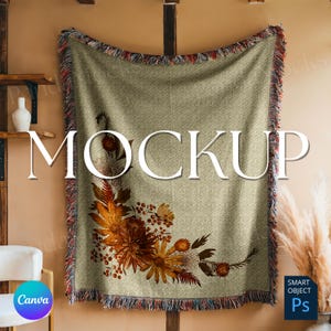 Woven Blanket Mockup Canva Photoshop Smart Object | Woven Throw Blanket Mockup | Jacquard Fringed Woven Blanket Mock up Canva