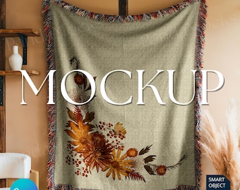 Woven Blanket Mockup Canva Photoshop Smart Object | Woven Throw Blanket Mockup | Jacquard Fringed Woven Blanket Mock up Canva