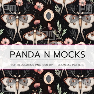 Night Garden Seamless Pattern PNG, Unlimited Commercial Use Digital Print File, POD Mystical Moth Magic Witchy Floral, Moth Goth Seamless