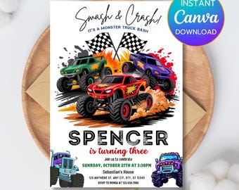 Editable Monster Truck Birthday Invitation, Monster Truck Invitation, Monster Truck Party Invitation - PM0035