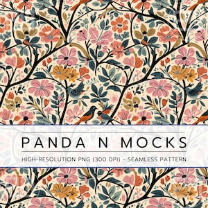 Seamless Floral Bird Pattern, Vintage Nature-Inspired Design, Whimsical Garden Print, Retro Woodland Flowers and Birds, Boho Decor