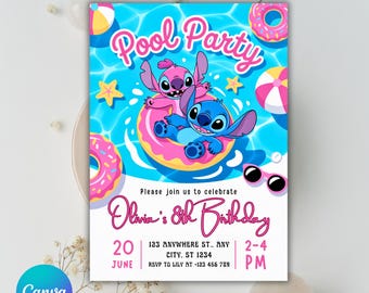 Plantilla editable de invitación para fiesta en la piscina, invitación de cumpleaños para fiesta en la piscina, fiesta de verano en la piscina, descarga instantánea - PM0167