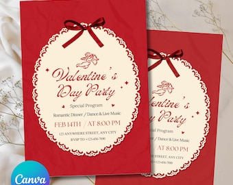 Invitación vintage editable para San Valentín, con lazo rojo, descarga instantánea - PM0128