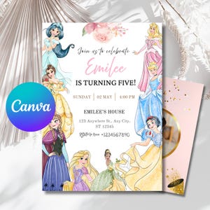 Watercolor Princess Birthday Invitation Canva, Princess Invitation Template, Princess Invitation Card, Princess Party Invitations