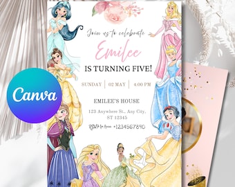 Invitación de cumpleaños de princesa en acuarela (Canva), plantilla de invitación de princesa, tarjeta de invitación de princesa, invitaciones para fiesta de princesa