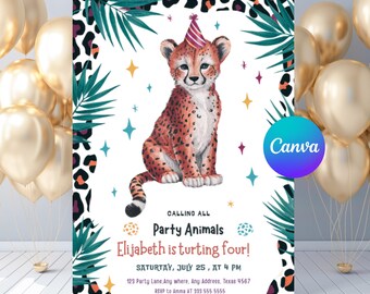 Invitación de cumpleaños editable de guepardo, invitación de fiesta de leopardo, temática de animales de fiesta, safari en la jungla, descarga instantánea - PM0112