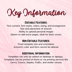 Puede incluir: Un gr&aacute;fico rosa y blanco con el texto "Key Information" en fuente cursiva. El texto describe las caracter&iacute;sticas editables y no editables de una plantilla, incluyendo contenido de texto, estilos de fuente y colocaci&oacute;n de ilustraciones.