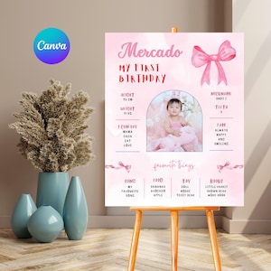 Pink Bow Birthday Milestone Sign, Coquette Girl 1st Birthday Poster, Elegant Pink Ribbon, Party Decor, Blush Pink Bow 1st Birthday Decor