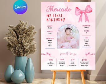 Pink Bow 1st Birthday Milestone Sign, Coquette Party Decor, Canva Template, Digital Download - PM0160