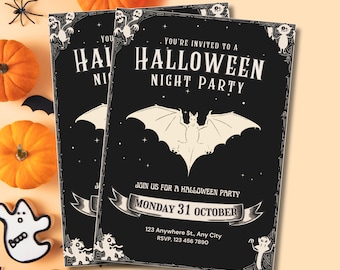 Invitación editable para fiesta de Halloween vintage, plantilla de murciélago gótico, marco retro de monstruo espeluznante para fiesta de disfraces de adultos, plantilla de Canva, personalizada
