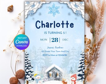 Editable Winter Wonderland Birthday Invitation, Snowflake Party, Winter Party Invitation, Instant Download - PM0122