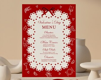 Plantilla de menú de San Valentín con diseño de encaje rojo, folleto editable para restaurante (descarga digital)