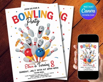 Editable Bowling Birthday Party Invitation, Bowling Birthday Invite, Bowling Party Invitation, Instant Download - PM0034