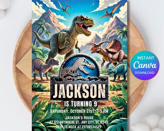 Invitación de cumpleaños de dinosaurios editable, fiesta de cumpleaños jurásica, cumpleaños de dinosaurio T-Rex, invitación de cumpleaños, descarga instantánea - PM0024