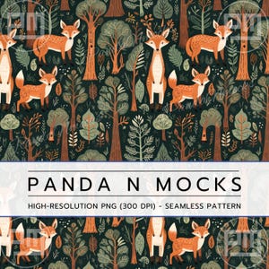 May include: A seamless pattern featuring orange foxes and green trees on a dark green background. The pattern is perfect for use in digital and printed designs.