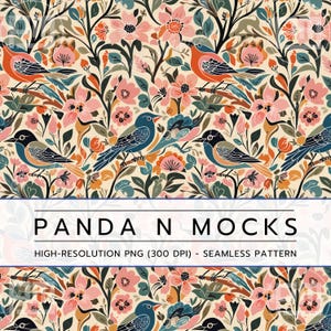 Seamless Bird and Floral Pattern PNG, Vintage Folk Art Design, Colorful Garden Birds, Boho Nature-Inspired Print, Flower and Bird Pattern