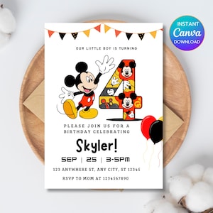 Editable Mickey Mouse Birthday Invitations, Mickey Birthday Invite, Mickey Mouse Invitation Digital, Canva - PM0039