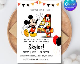 Bewerkbare Mickey Mouse-verjaardagsuitnodigingen, Mickey-verjaardagsuitnodiging, Mickey Mouse-uitnodiging digitaal, canvas - PM0039