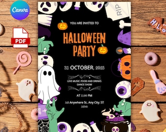 May include: A Halloween party invitation with a black background and orange text that reads "Halloween Party". The invitation includes a ghost, pumpkins, and other Halloween-themed graphics. The date is October 31, 2025.