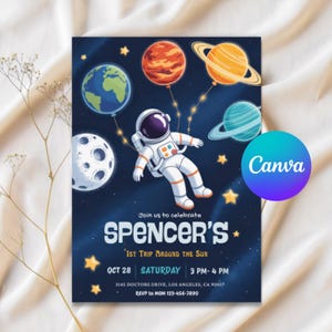 Inbjudan till babyshower för pojke i rymden, redigerbar mall för yttre rymden, vi ska ha en pojke, astronaut och planeter, utskrivbar direktnedladdning