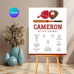 Baseball First Birthday Milestone Sign, Editable 1st Birthday Stats Poster, Rookie of The Year Party Decor, Printable Milestone Board, Canva