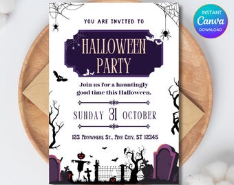 Può includere: Un invito a una festa di Halloween con uno striscione viola che recita "Halloween Party". L'invito include pipistrelli, ragni e lapidi. La data è domenica 31 ottobre, con un indirizzo sottostante.
