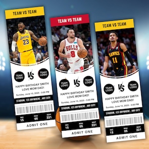 Peut inclure: Trois invitations d'anniversaire verticales sur le thème du basket-ball avec des joueurs professionnels en maillots des Lakers, Bulls et Hawks. Chaque billet affiche 'TEAM VS TEAM', 'HAPPY BIRTHDAY SMITH LOVE MOM DAD!', 'Sunday, June 10, 2025 - 3:00 PM', 'STADIUM, 123 ANYWHERE, ANY CITY' et 'ADMIT ONE'.