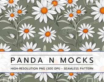 May include: A seamless pattern featuring white daisies with yellow centers on a sage green background. The pattern is perfect for creating digital or printed designs.
