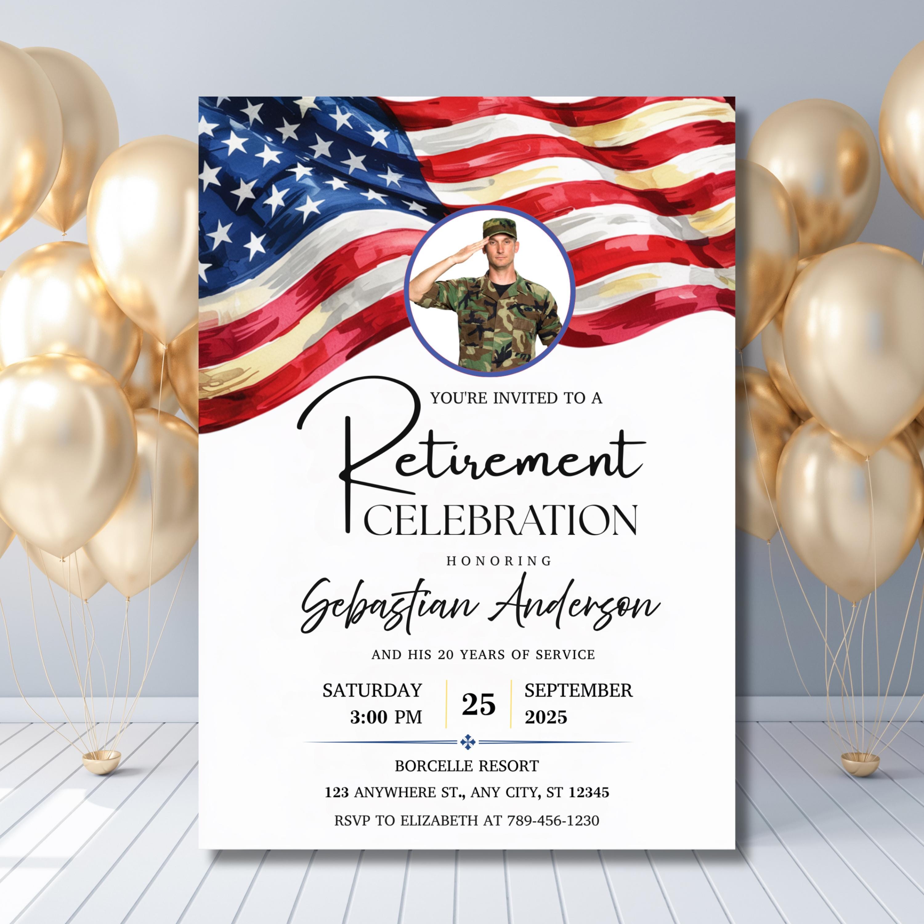 Military Retirement Celebration Invitation, Retirement Party Invite, Honoring Years of Service, American Flag and Soldier, Canva Template