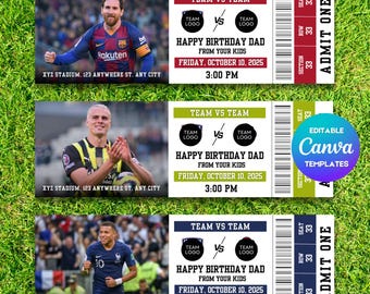 Plantilla editable de boleto para partido de fútbol, regalo sorpresa personalizado de boleto para partido de fútbol, plantilla digital Canva de boleto deportivo, impresión y descarga digital.