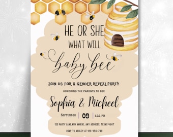 ¿Qué será la invitación para revelar el género de una abejita? Invitación para él o ella, temática de abejas, fiesta de abejorros - PM0107