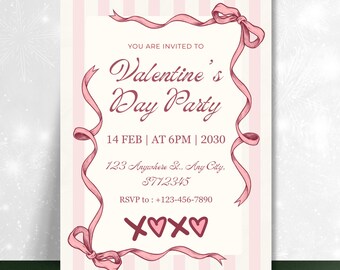 Invitación para San Valentín, lazo rosa, corazón XOXO dibujado a mano, descarga instantánea - PM0131
